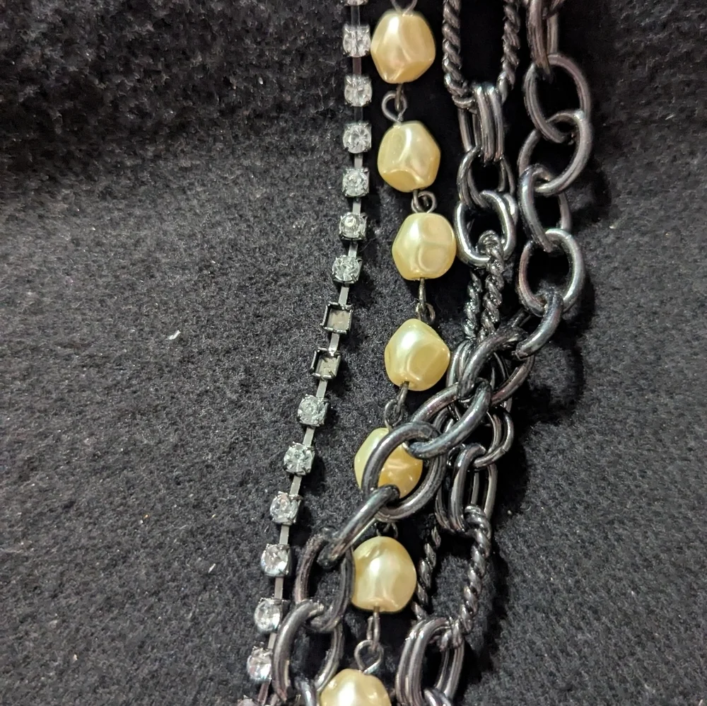 Gunmetal Black Cream Faux Pearl Clear Rhinestone Statement Waist Chain Belt
